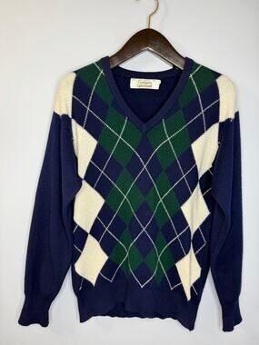 Vintage Lyle & Scott Cashmere Blue Wool Argyle Sweater Men's S Made in Scotland